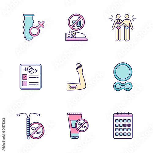 Safe sex color icons set. Female condom. Sober intercourse. Mutual masturbation. Sex test. Contraceptive implant, ring. Intrauterine device. Spermicide. Calendar method. Isolated vector illustrations