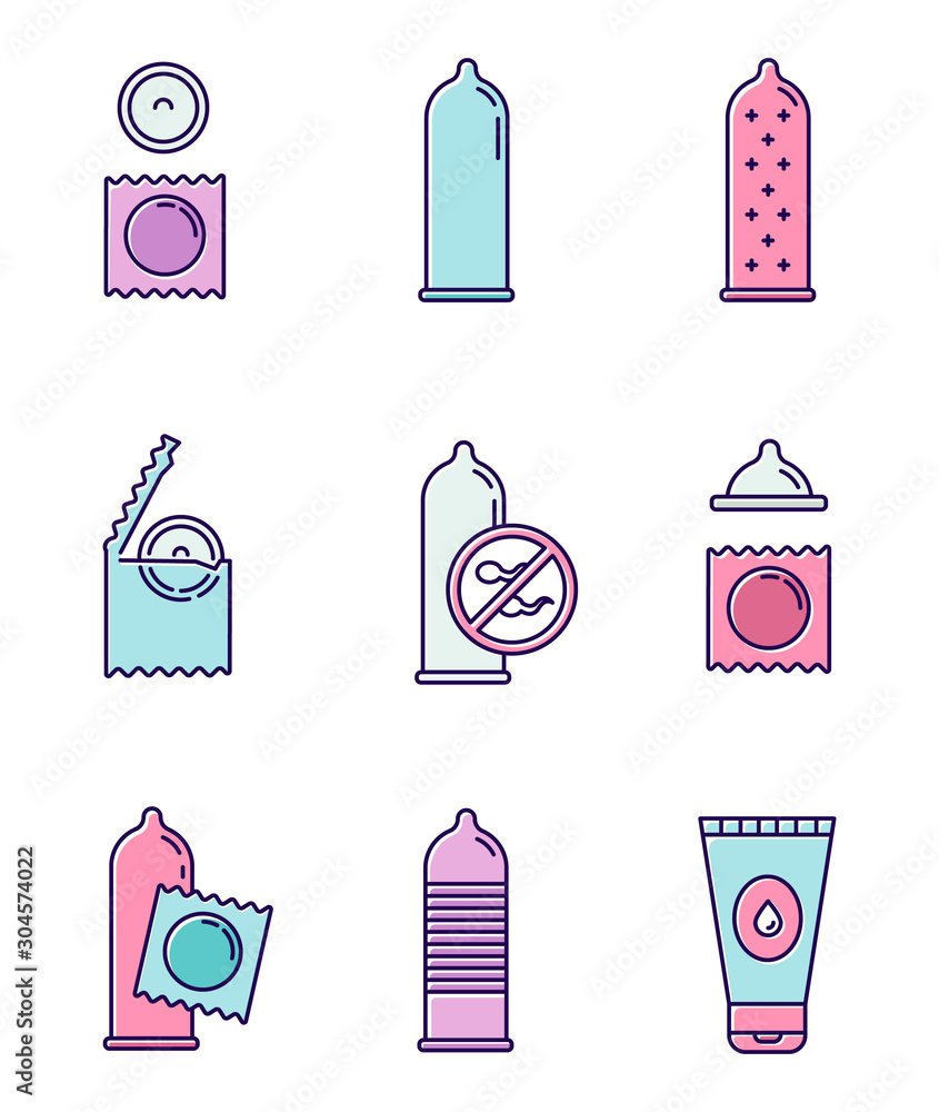 Safe sex color icons set. Male contraceptive products. Female condoms