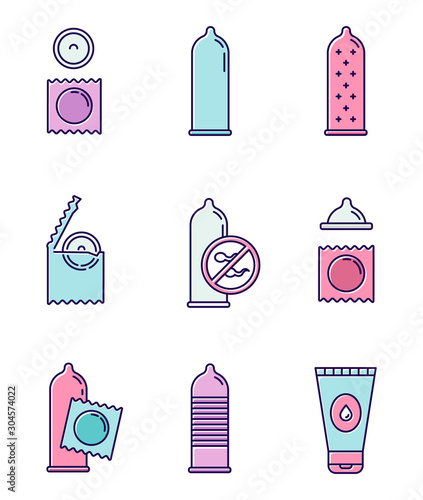 Safe sex color icons set. Male contraceptive products. Female condoms. Unplanned pregnancy prevention. Water-based lubricant. Birth control. AIDs protection. Isolated vector illustrations