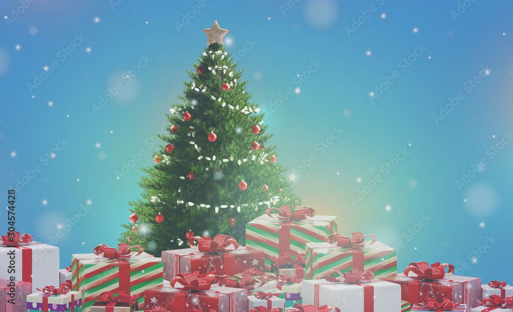 pile of christmas gifts and decorated christmas tree 3d-illustration