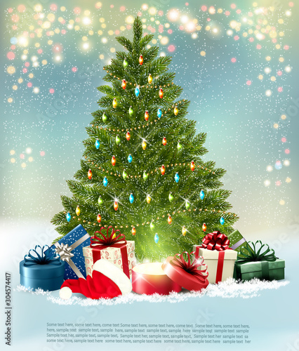 Holiday background with christmas tree and colorful gift boxes Vector.
