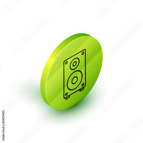 Isometric line Stereo speaker icon isolated on white background. Sound system speakers. Music icon. Musical column speaker bass equipment. Green circle button. Vector Illustration