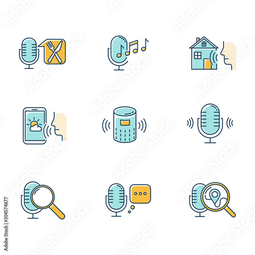 Blue voice control system color icons set. Sound requests idea. Different microphones. Music recognition, sound record. Virtual asisstance, standart voice commands. Isolated vector illustrations