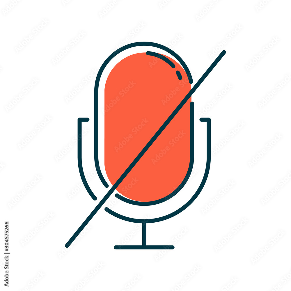 Red microphone forbidden color icon. Sound recorder error notification