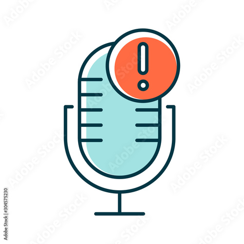 Blue microphone technical error color icon. Sound recorder connection problem idea. Voice control mistake. Recording equipment. Speech recognition tool. Isolated vector illustration