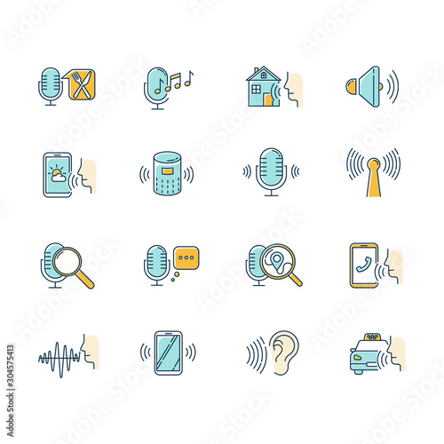 Blue voice control color icons set. Sound request idea. Speech recognition process. Microphone using modes, recording equipment. Remote controlled apps. Isolated vector illustrations
