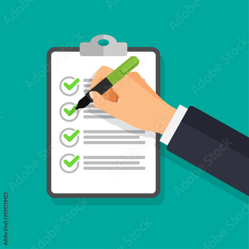 Vector hand with pen writing on a check list. Businessman signs document. The hand holds a pen and clipboard in a 3d style. To do list concept. Business financial agreement.	