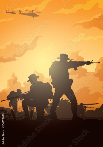 Military vector illustration, Army background, soldiers silhouettes. 