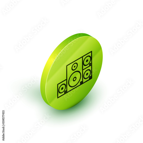 Isometric line Stereo speaker icon isolated on white background. Sound system speakers. Music icon. Musical column speaker bass equipment. Green circle button. Vector Illustration