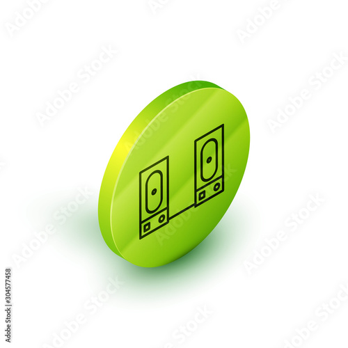 Isometric line Stereo speaker icon isolated on white background. Sound system speakers. Music icon. Musical column speaker bass equipment. Green circle button. Vector Illustration