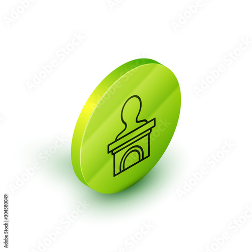Isometric line Stage stand or debate podium rostrum icon isolated on white background. Conference speech tribune. Green circle button. Vector Illustration