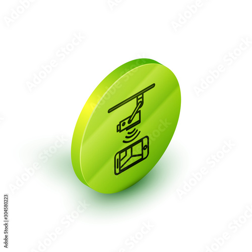 Isometric line Wireless Controlling CCTV security camera with smartphone icon isolated on white background. IOT Concept and remote home appliance. Green circle button. Vector Illustration