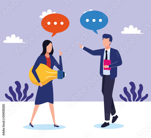 avatar businesswoman and businessman with speech bubbles over landscape background