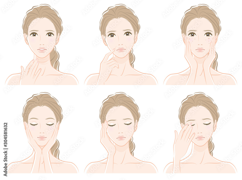 スキンケアをしている女性のイラスト スキンケアをしている女性のイラスト
