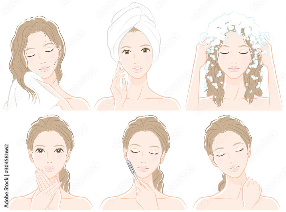 ヘアケアとスキンケアをしている女性のイラスト