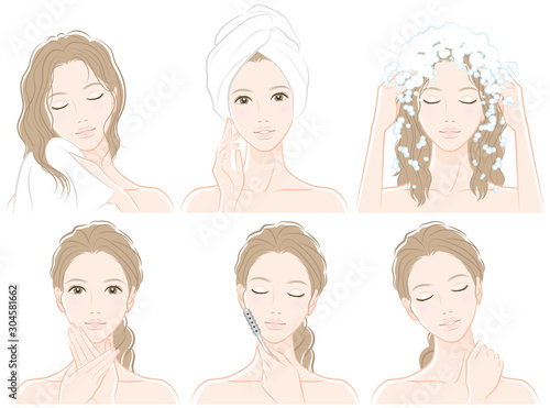 ヘアケアとスキンケアをしている女性のイラスト