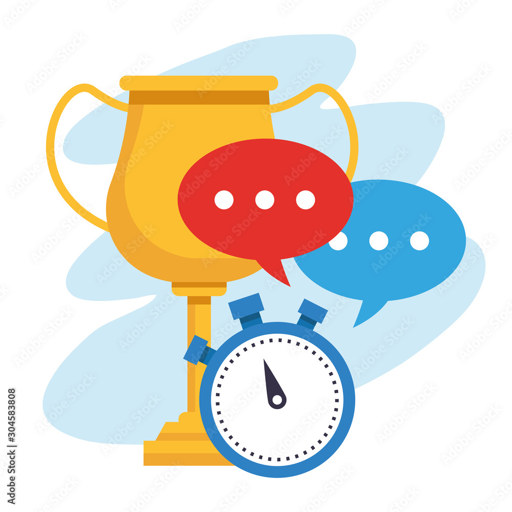 Naklejka premium trophy cup with speech bubbles and chronometer