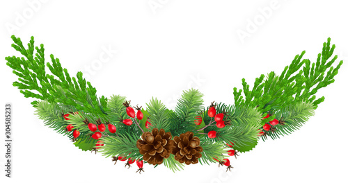 Green conifer Christmas decoration in a traditional style. Fir branches and red rosehip berries with pine cones. EPS 10