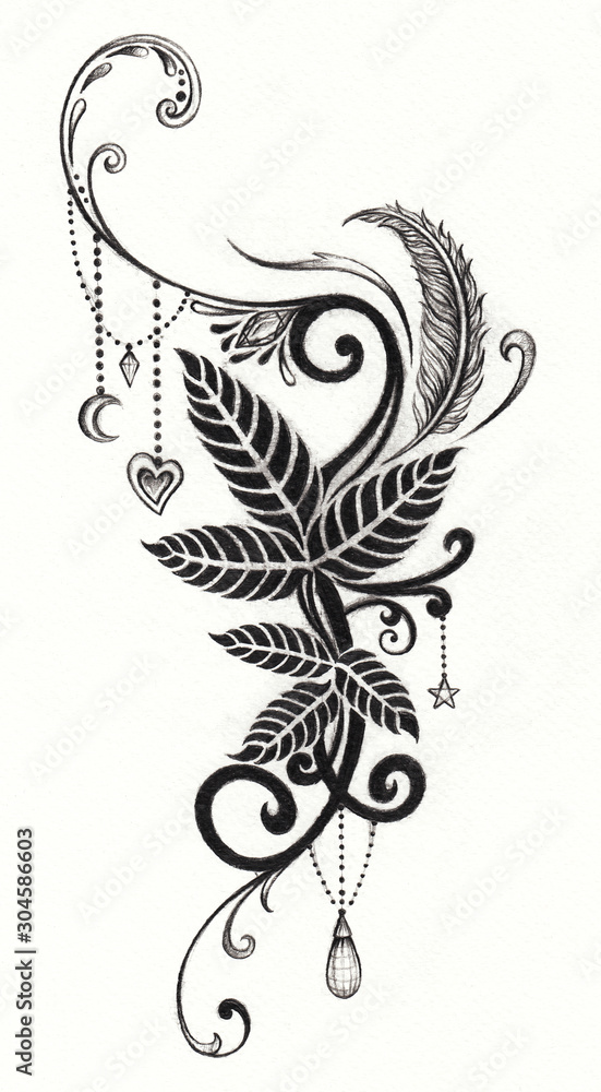 Art Fancy Nature leaf Tattoo. Hand drawing on paper. Stock Illustration