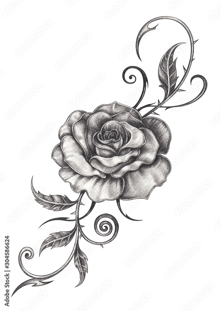 Art Design Rose Tattoo.Hand drawing on paper. Stock Illustration