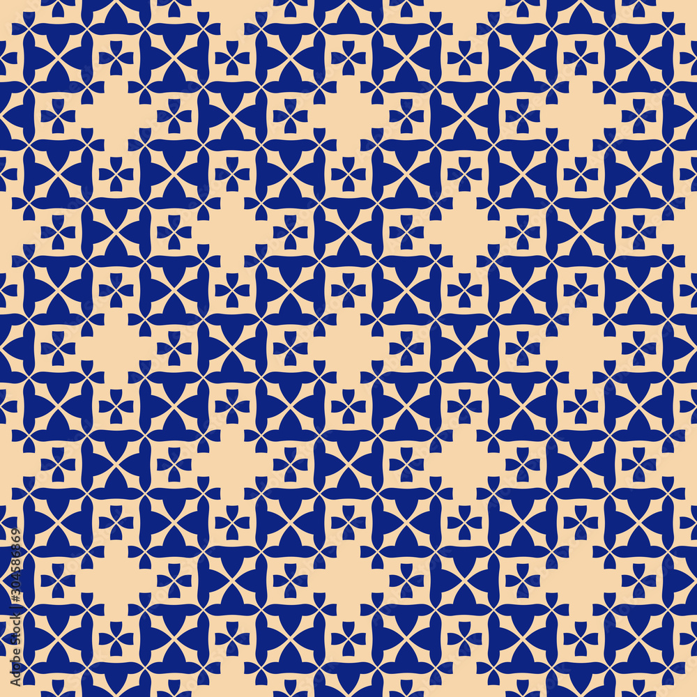 Vector abstract geometric floral texture. Elegant seamless pattern with small flower shapes, mosaic tiles, crosses. Repeat ornate background in dark blue and yellow colors. Design for decor, fabric