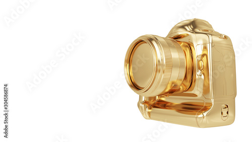 Golden Photo camera isolated on white. 3d rendering