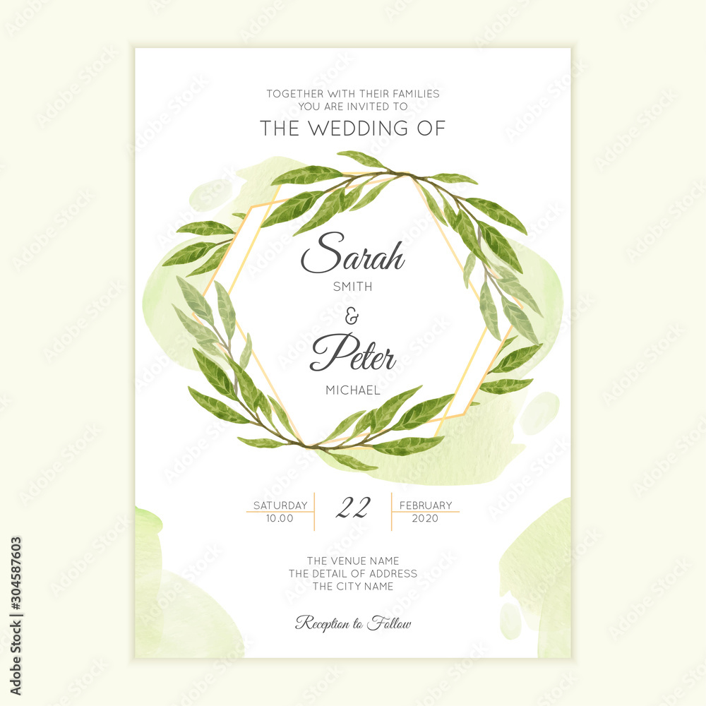 Greenery wedding invitation card template in watercolor