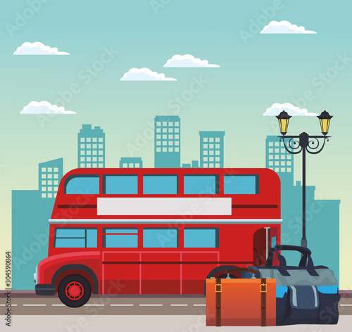 london bus and travel bags on the stree over urban city buildings scenary background