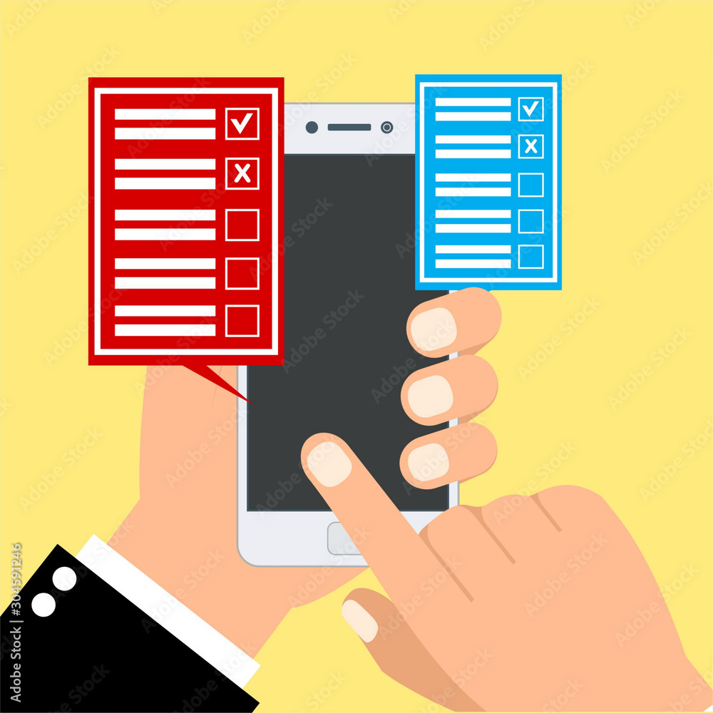 Checkboxes on smartphone screen. Hand hold smartphone, finger touch screen. Checkboxes and checkmark. Modern concept for web banners, web sites, infographics. Creative flat design vector illustration Checkboxes on smartphone screen. Hand hold smartphone, finger touch screen. Checkboxes and checkmark. Modern concept for web banners, web sites, infographics. Creative flat design vector illustration