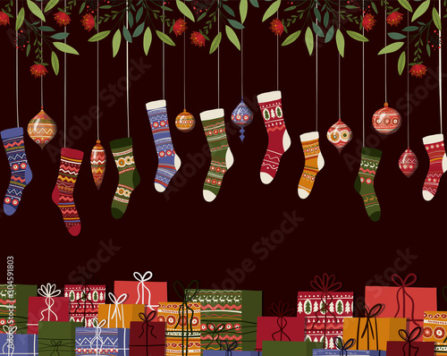 Merry christmas socks and spheres vector design