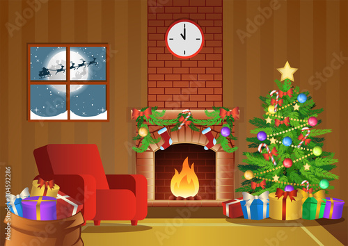 fireplace room decorate for Christmas night,vector illustration