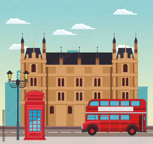london scenary with building, telephone box and bus over sky background