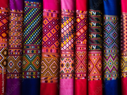Thai silk fabric - Handmade woven fabrics of Thai silk textiles with traditional decoration ornaments beautiful cultural