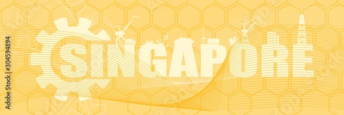 Gear with sea shipping and travel relative silhouettes.. Calligraphy inscription. Singapore city name text. Horizontal industrial web banner