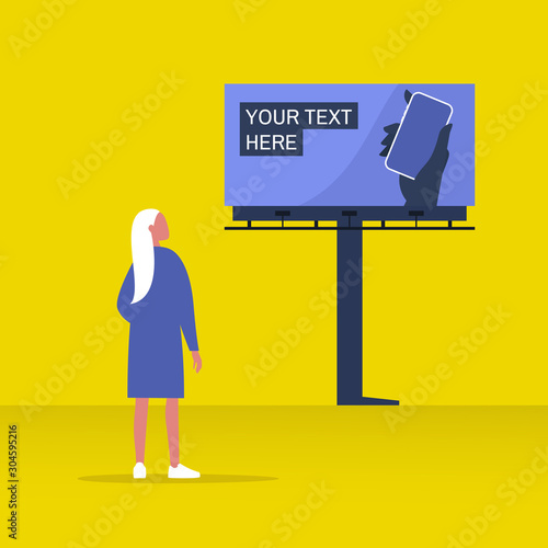 Your text here mockup, new online service outdoor advertising, young female character looking at the large billboard construction