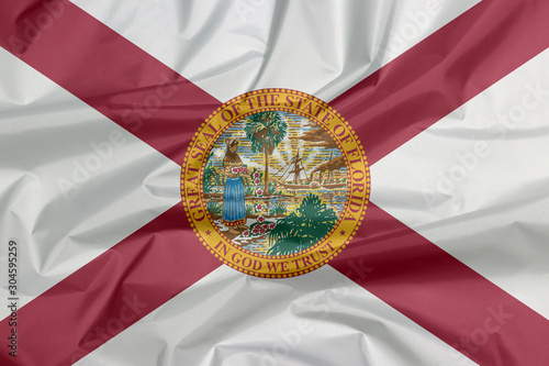 Crease of Florida flag background. A red saltire on a white background, with the state seal superimposed on the center.