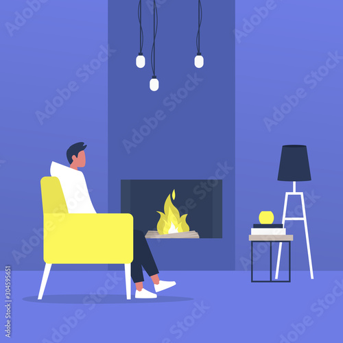 Young male character sitting next to a fireplace, modern living room interior
