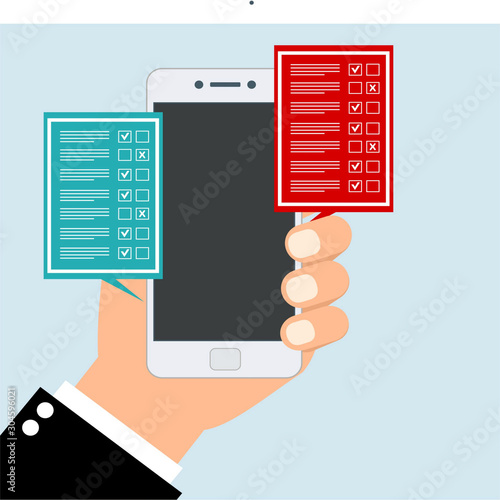 Online survey. Internet surveying, hands holding smartphone with test form. Mobile questionnaire, customers voting vector concept
