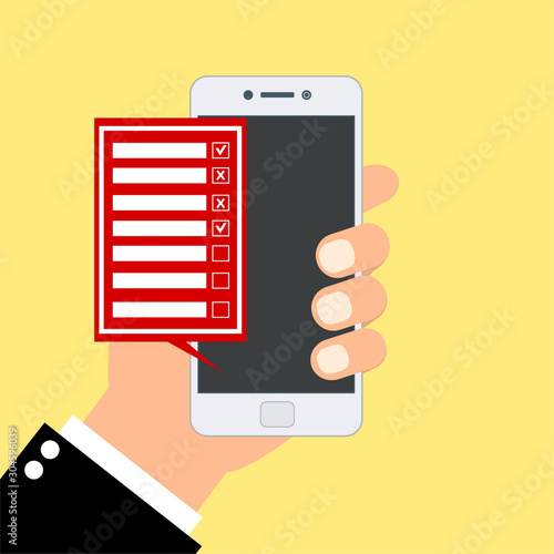 Online survey. Internet surveying, hands holding smartphone with test form. Mobile questionnaire, customers voting vector concept