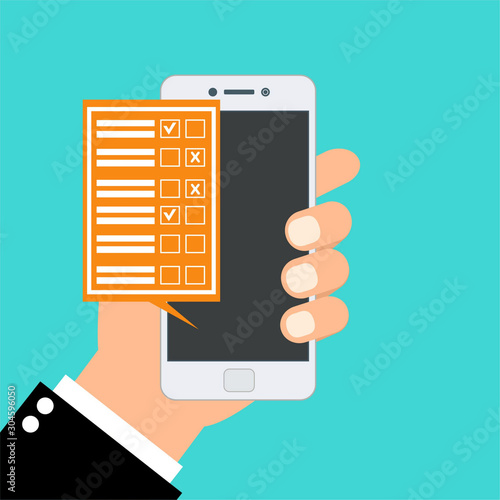 Online survey. Internet surveying, hands holding smartphone with test form. Mobile questionnaire, customers voting vector concept