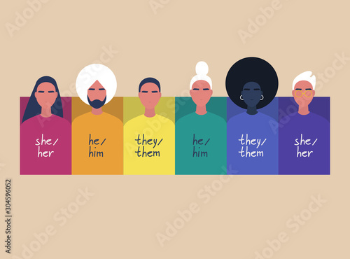 A rainbow frame with portraits of young people, wearing sweaters with their gender pronouns - she, he, them