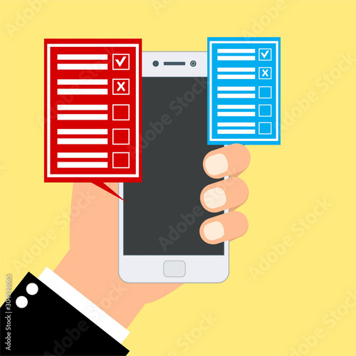 Online survey. Internet surveying, hands holding smartphone with test form. Mobile questionnaire, customers voting vector concept