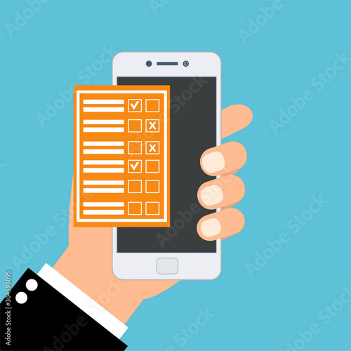Online survey. Internet surveying, hands holding smartphone with test form. Mobile questionnaire, customers voting vector concept
