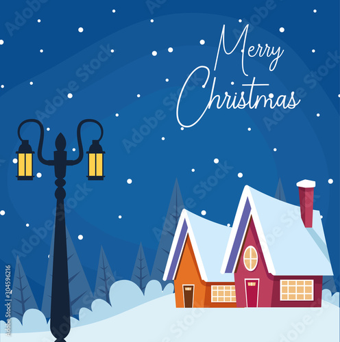 Merry christmas design with winter scenary with street lamp and houses