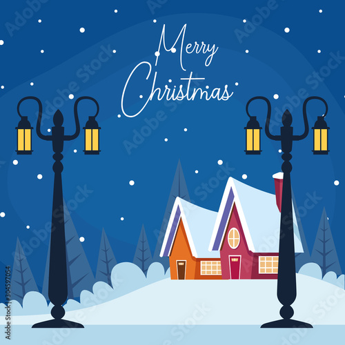 Merry christmas design with winter scenary with street lamps and houses