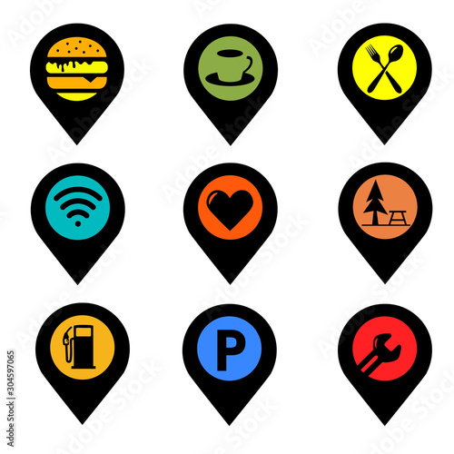 Pin Location with Set of symbols for urban areas color vector Free Download Pin Location with Set of symbols for urban areas color vector - GFXLoad