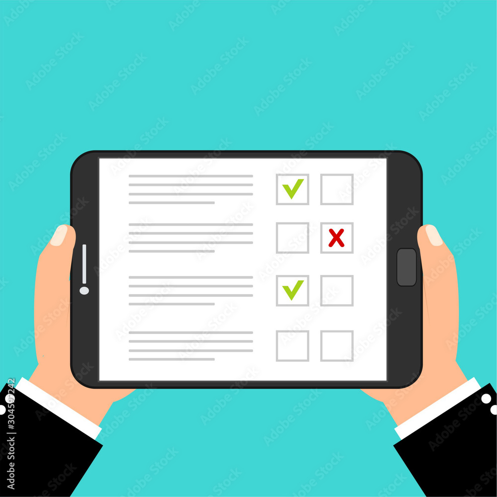 Online survey. Internet surveying, hands holding tablet with test form. Mobile questionnaire, customers voting vector concept. Can be used for workflow layout template, banner, marketing, infographics Online survey. Internet surveying, hands holding tablet with test form. Mobile questionnaire, customers voting vector concept. Can be used for workflow layout template, banner, marketing, infographics