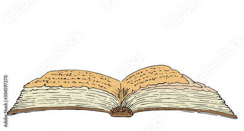 Old open book isolated on white background. Vector hand drawn symbol of wisdom and education. Magic pages in vintage style.