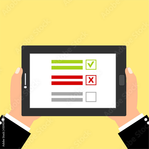 Online survey. Internet surveying, hands holding tablet with test form. Mobile questionnaire, customers voting vector concept. Can be used for workflow layout template, banner, marketing, infographics