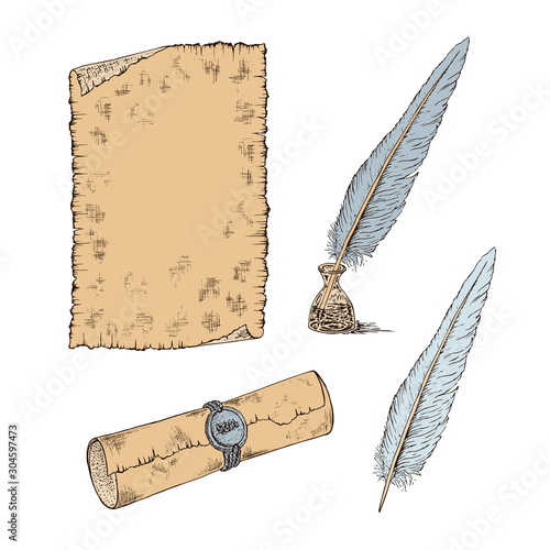 Hand-drawn scroll of paper, a sheet of paper in retro style, goose feather and inkwell. Pencil sketch vector illustration. Set of design elements